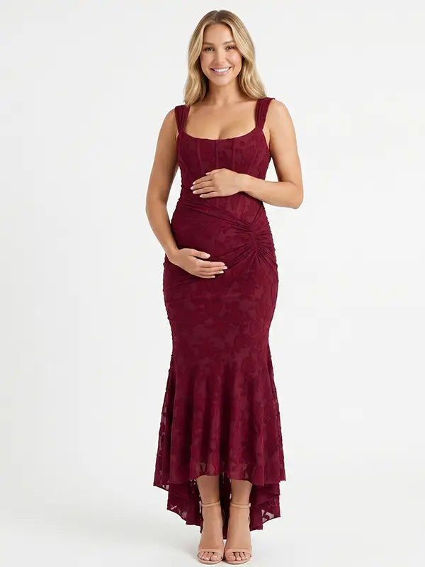 burgundy jacquard maternity midi dress with corset bodice and high low hem