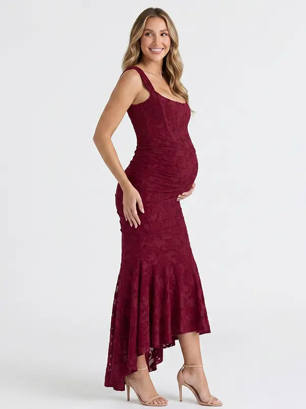 burgundy jacquard maternity midi dress with corset bodice and high low hem