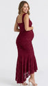burgundy jacquard maternity midi dress with corset bodice and high low hem