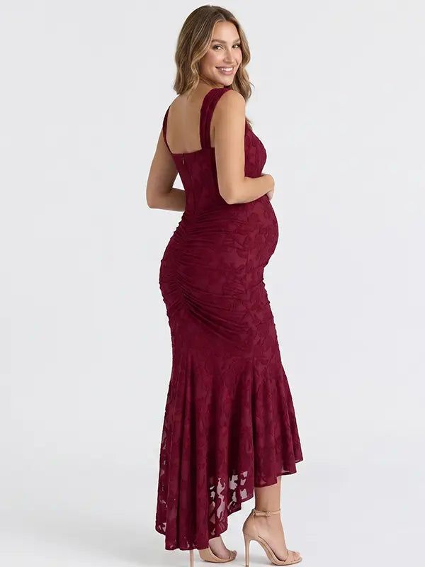 burgundy jacquard maternity midi dress with corset bodice and high low hem