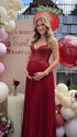 Burgundy Maternity Dress – Lace Corset Halter Pleated Maxi Gown for Baby Shower & Photoshoot
