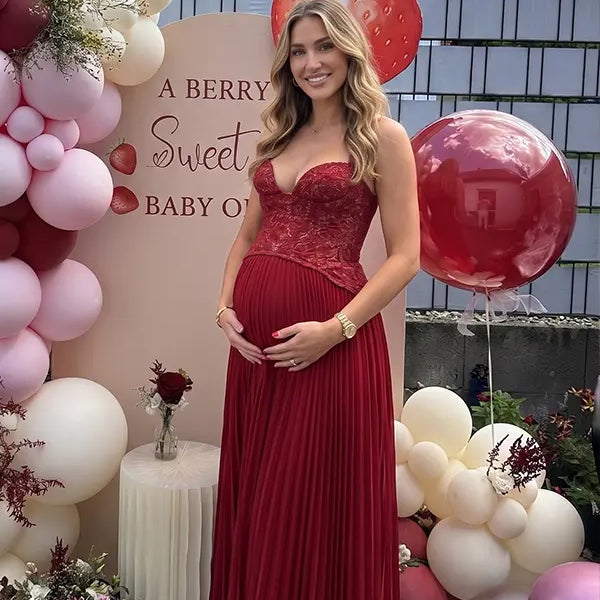 Burgundy Maternity Dress – Lace Corset Halter Pleated Maxi Gown for Baby Shower & Photoshoot