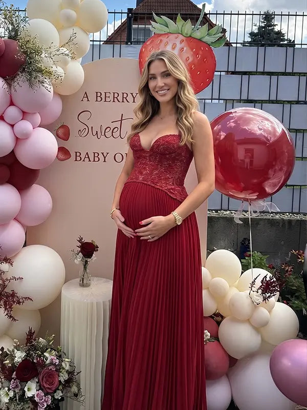 Burgundy Maternity Dress – Lace Corset Halter Pleated Maxi Gown for Baby Shower & Photoshoot
