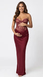 Burgundy Lace Corset Maternity Dress, Luxury Satin Pregnancy Gown for Baby Shower, Maternity Photoshoot, Gender Reveal, Pregnancy Announcement, Wedding Guest, Bridal Shower, Formal Events | Bumplook