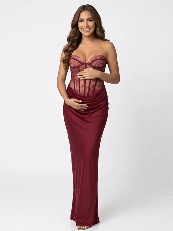 Burgundy Lace Corset Maternity Dress, Luxury Satin Pregnancy Gown for Baby Shower, Maternity Photoshoot, Gender Reveal, Pregnancy Announcement, Wedding Guest, Bridal Shower, Formal Events | Bumplook