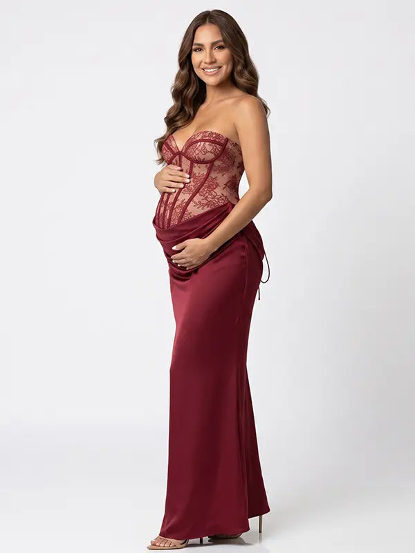 Burgundy Lace Corset Maternity Dress, Luxury Satin Pregnancy Gown for Baby Shower, Maternity Photoshoot, Gender Reveal, Pregnancy Announcement, Wedding Guest, Bridal Shower, Formal Events | Bumplook