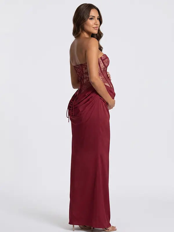 Burgundy Lace Corset Maternity Dress, Luxury Satin Pregnancy Gown for Baby Shower, Maternity Photoshoot, Gender Reveal, Pregnancy Announcement, Wedding Guest, Bridal Shower, Formal Events | Bumplook