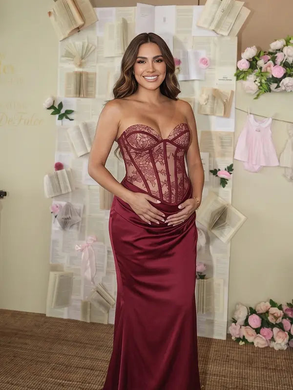Burgundy Lace Corset Maternity Dress, Luxury Satin Pregnancy Gown for Baby Shower, Maternity Photoshoot, Gender Reveal, Pregnancy Announcement, Wedding Guest, Bridal Shower, Formal Events | Bumplook