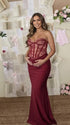 Burgundy Lace Corset Maternity Dress, Luxury Satin Pregnancy Gown for Baby Shower, Maternity Photoshoot, Gender Reveal, Pregnancy Announcement, Wedding Guest, Bridal Shower, Formal Events | Bumplook