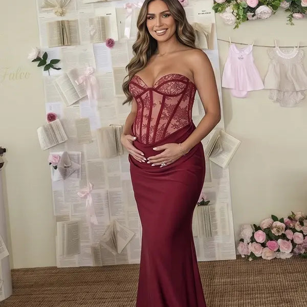 Burgundy Lace Corset Maternity Dress, Luxury Satin Pregnancy Gown for Baby Shower, Maternity Photoshoot, Gender Reveal, Pregnancy Announcement, Wedding Guest, Bridal Shower, Formal Events | Bumplook