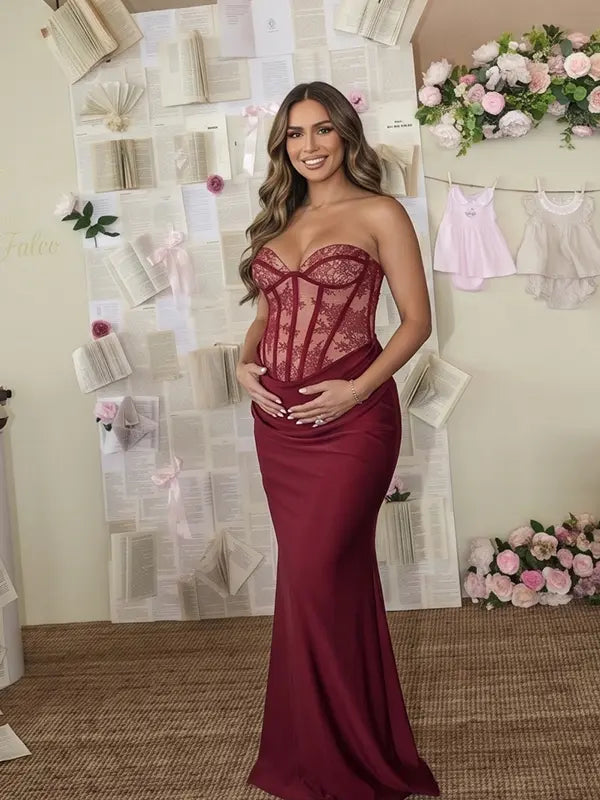 Burgundy Lace Corset Maternity Dress, Luxury Satin Pregnancy Gown for Baby Shower, Maternity Photoshoot, Gender Reveal, Pregnancy Announcement, Wedding Guest, Bridal Shower, Formal Events | Bumplook