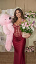 Burgundy Lace Corset Maternity Dress, Luxury Satin Pregnancy Gown for Baby Shower, Maternity Photoshoot, Gender Reveal, Pregnancy Announcement, Wedding Guest, Bridal Shower, Formal Events | Bumplook