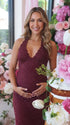 Burgundy Floral Lace Maternity Dress with Scalloped Halter V-Neck Detail | Bumplook