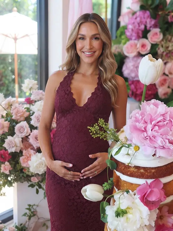 Burgundy Floral Lace Maternity Dress with Scalloped Halter V-Neck Detail | Bumplook