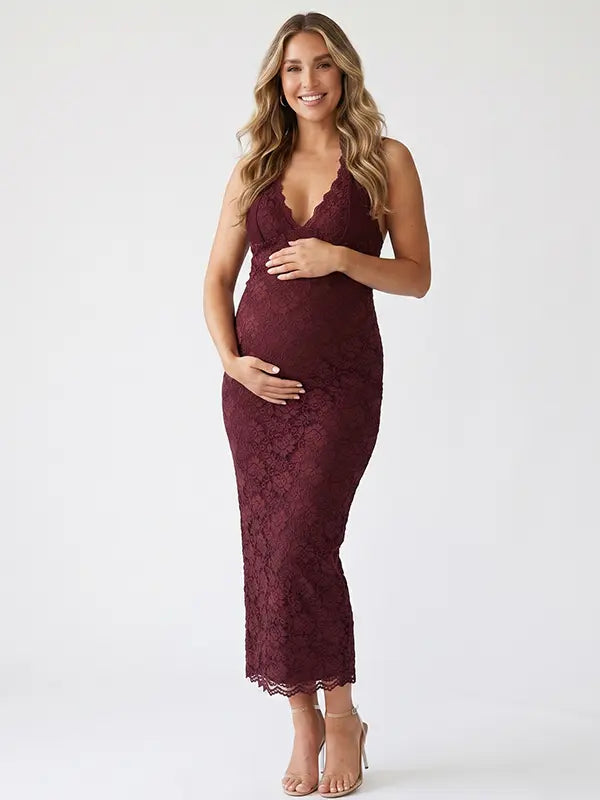 Burgundy Lace Maternity Dress for Baby Shower and Maternity Photoshoot | Bumplook
