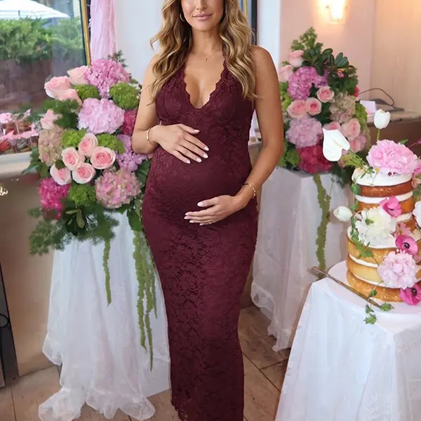 Burgundy Lace Maternity Dress for Baby Shower and Maternity Photoshoot | Bumplook