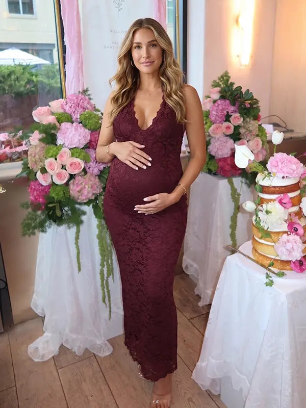 Burgundy Lace Maternity Dress for Baby Shower and Maternity Photoshoot | Bumplook