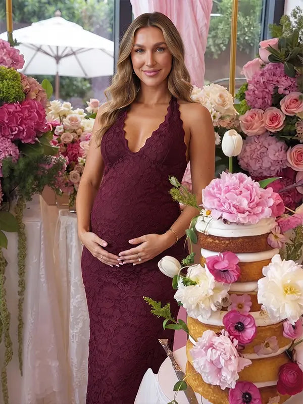 Burgundy Lace Maternity Maxi Dress with Back Slit and Floral Lace Detail | Bumplook