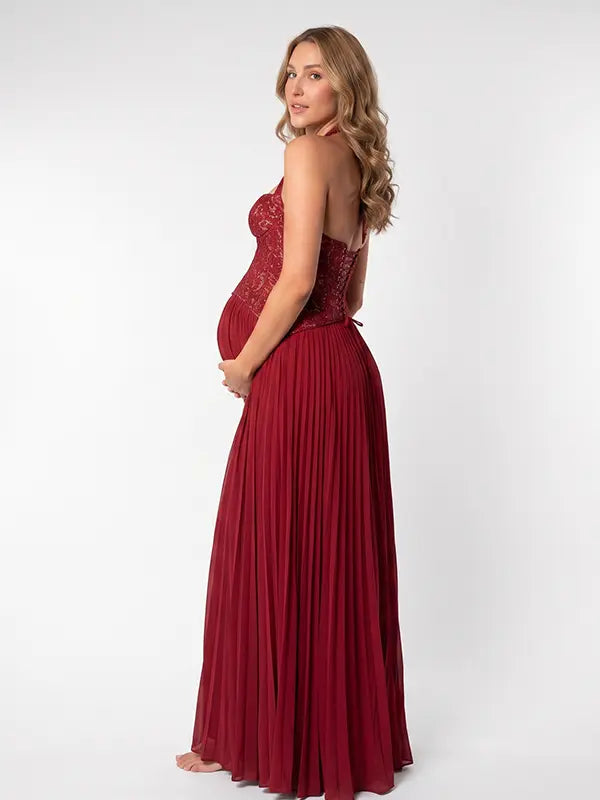 Wine Red Maternity Gown, Lace Up Corset Pregnancy Dress for Baby Shower, Maternity Photoshoot, Pregnancy Announcement, Wedding Guest, Fall and Winter Events | Bumplook