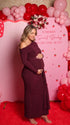 Burgundy Off Shoulder Maternity Dress for Baby Shower and Pregnancy Announcement | Bumplook