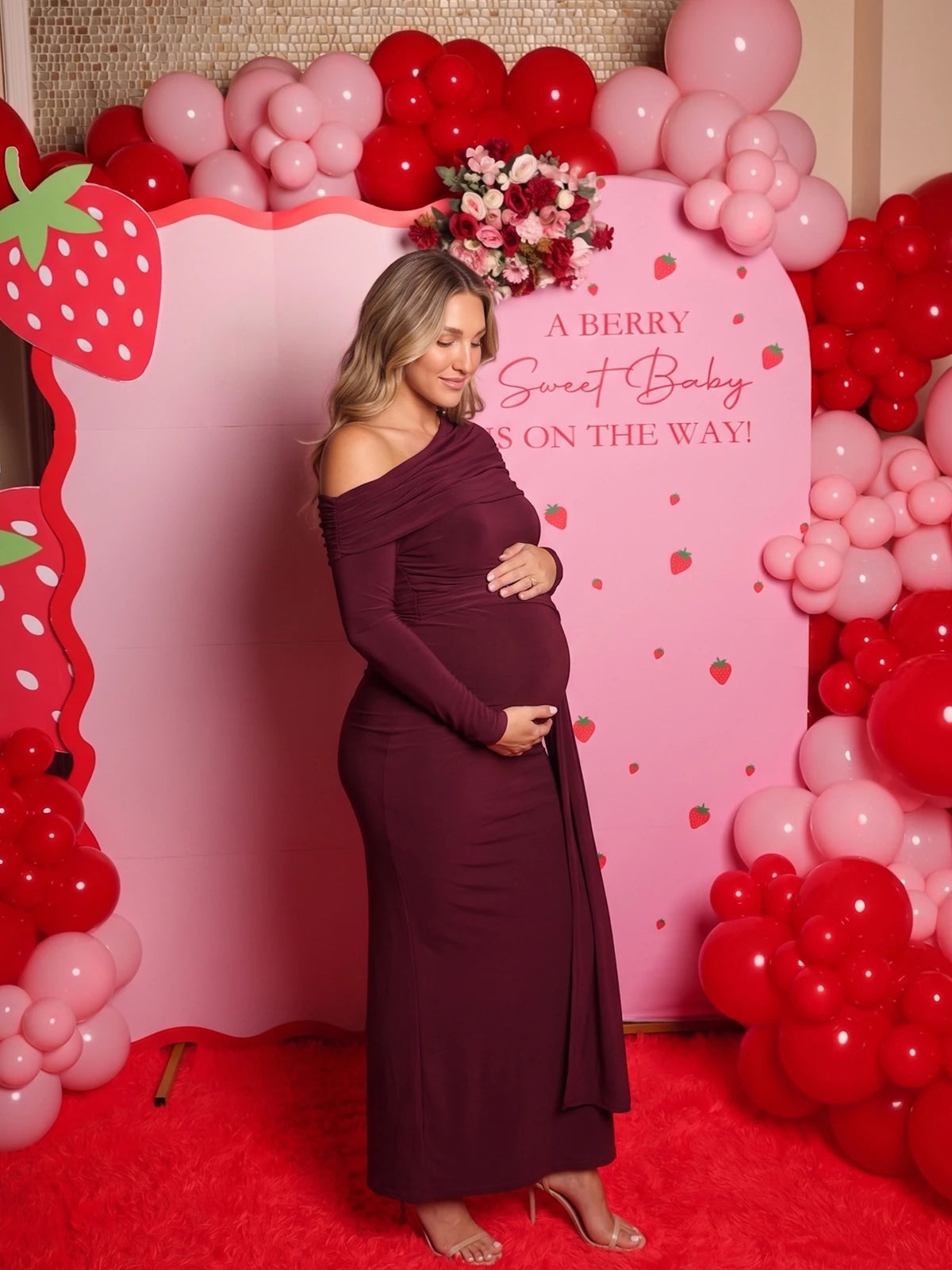 Burgundy Off Shoulder Maternity Dress for Baby Shower and Pregnancy Announcement | Bumplook