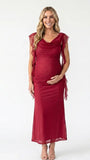 burgundy mesh maternity gown with draped neckline and cascading ruffle details