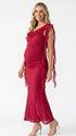 burgundy mesh maternity gown with draped neckline and cascading ruffle details