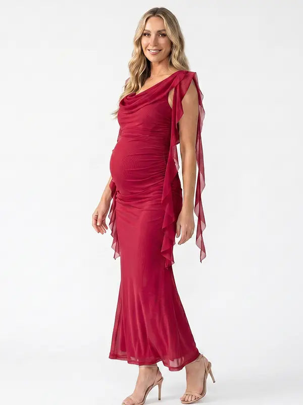 burgundy mesh maternity gown with draped neckline and cascading ruffle details
