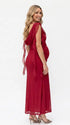 burgundy mesh maternity gown with draped neckline and cascading ruffle details