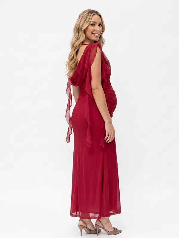 burgundy mesh maternity gown with draped neckline and cascading ruffle details