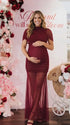 burgundy mesh maternity photoshoot dress with ruched bodycon silhouette and sheer train