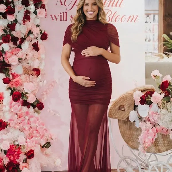 burgundy mesh maternity photoshoot dress with ruched bodycon silhouette and sheer train