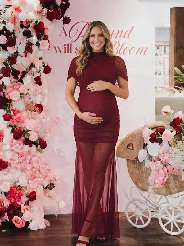 burgundy mesh maternity photoshoot dress with ruched bodycon silhouette and sheer train