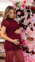 burgundy mesh maternity photoshoot dress with ruched bodycon silhouette and sheer train