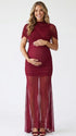 burgundy mesh maternity photoshoot dress with ruched bodycon silhouette and sheer train