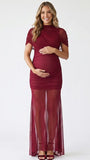 burgundy mesh maternity photoshoot dress with ruched bodycon silhouette and sheer train