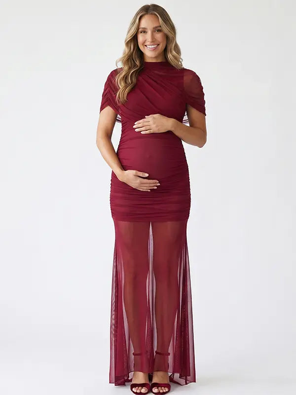 burgundy mesh maternity photoshoot dress with ruched bodycon silhouette and sheer train