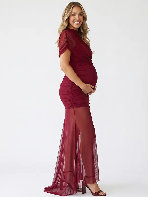 Burgundy Mesh Maternity Gown – Ruched Pregnancy Photoshoot Dress with Sheer Train
