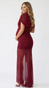 burgundy mesh maternity photoshoot dress with ruched bodycon silhouette and sheer train