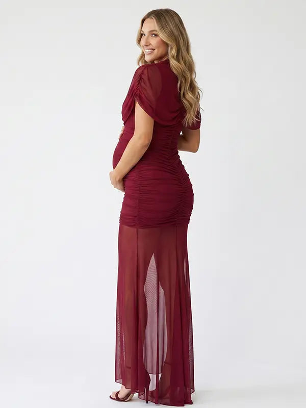 burgundy mesh maternity photoshoot dress with ruched bodycon silhouette and sheer train