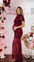 burgundy mesh maternity photoshoot dress with ruched bodycon silhouette and sheer train