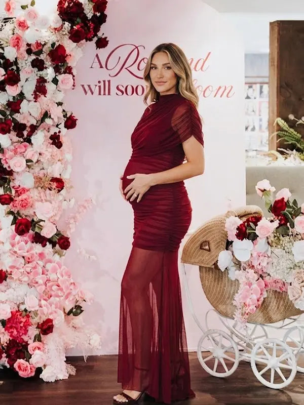 burgundy mesh maternity photoshoot dress with ruched bodycon silhouette and sheer train