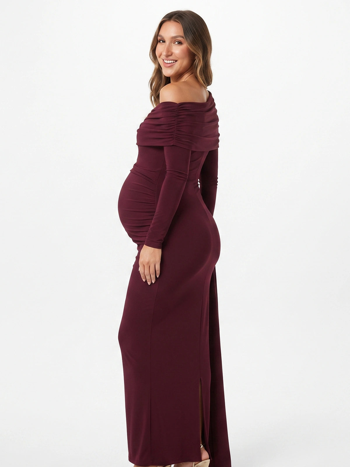 Burgundy Long Sleeve Maternity Dress for Fall Photoshoot and Holiday Events | Bumplook