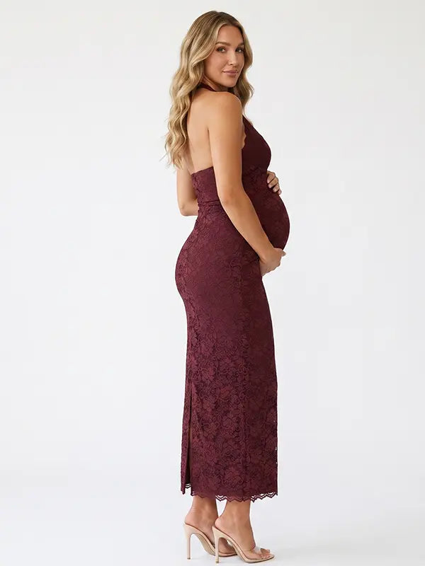 Burgundy Open Back Lace Maternity Maxi Dress with Back Slit | Bumplook