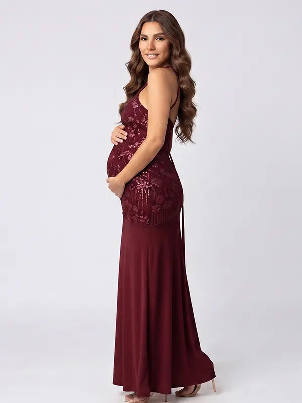 Burgundy Sequin Halter Mermaid Maternity Maxi Dress with Floral Embroidery and Open Back for Baby Shower, Maternity Photoshoot, Pregnancy Announcement, Gender Reveal, Wedding Guest, Christmas Photos and Formal Events | Bumplook