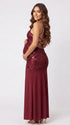 Burgundy Sequin Halter Mermaid Maternity Maxi Dress with Floral Embroidery and Open Back for Baby Shower, Maternity Photoshoot, Pregnancy Announcement, Gender Reveal, Wedding Guest, Christmas Photos and Formal Events | Bumplook