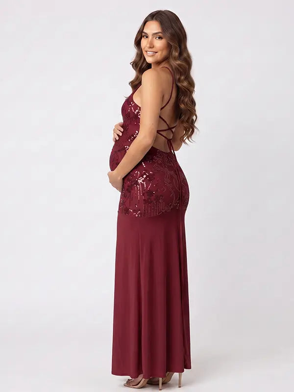 Burgundy Sequin Halter Mermaid Maternity Maxi Dress with Floral Embroidery and Open Back for Baby Shower, Maternity Photoshoot, Pregnancy Announcement, Gender Reveal, Wedding Guest, Christmas Photos and Formal Events | Bumplook