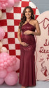 Burgundy Sequin Halter Mermaid Maternity Maxi Dress with Floral Embroidery and Open Back for Baby Shower, Maternity Photoshoot, Pregnancy Announcement, Gender Reveal, Wedding Guest, Christmas Photos and Formal Events | Bumplook