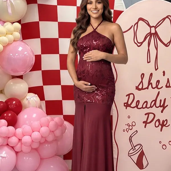 Burgundy Sequin Halter Mermaid Maternity Maxi Dress with Floral Embroidery and Open Back for Baby Shower, Maternity Photoshoot, Pregnancy Announcement, Gender Reveal, Wedding Guest, Christmas Photos and Formal Events | Bumplook