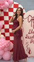 Burgundy Sequin Halter Mermaid Maternity Maxi Dress with Floral Embroidery and Open Back for Baby Shower, Maternity Photoshoot, Pregnancy Announcement, Gender Reveal, Wedding Guest, Christmas Photos and Formal Events | Bumplook